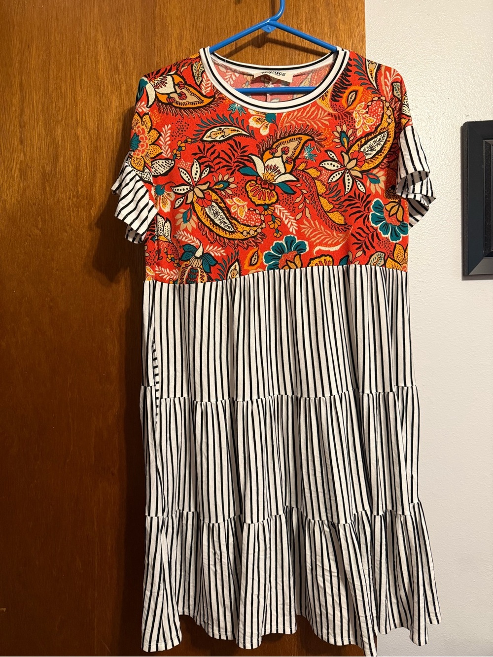 Women's Orange Floral & Black-White Stripe Midi Dress
